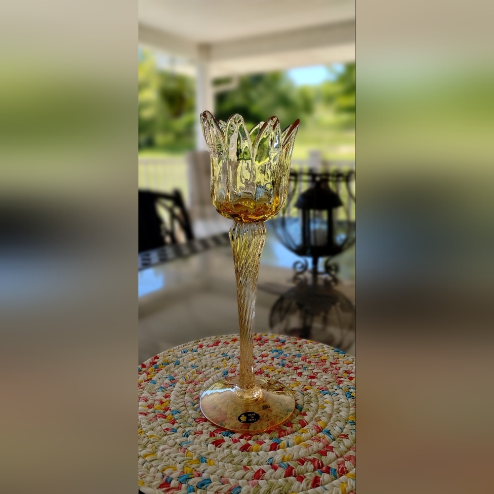 Vintage White Crystal. Hand Made In Italy Murano. Tinted Stemmed Art Glass Vase,